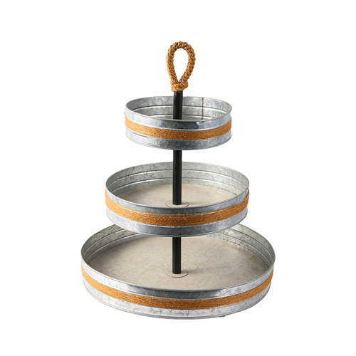 3 Tier galvanized metal stand hemp rope  handle serving tray TX201800133