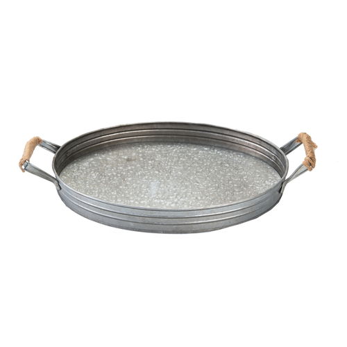 New Design Hot Sale Galvanized Round Metal Serving Tray with Wooden Handles