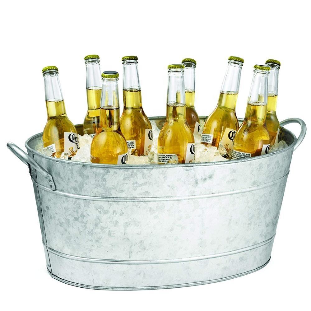 Ice Galvanized Large Beer Tin Bucket with Handle Wholesale Oval Round Metal 10L Used with Flower/green Plant Hanging